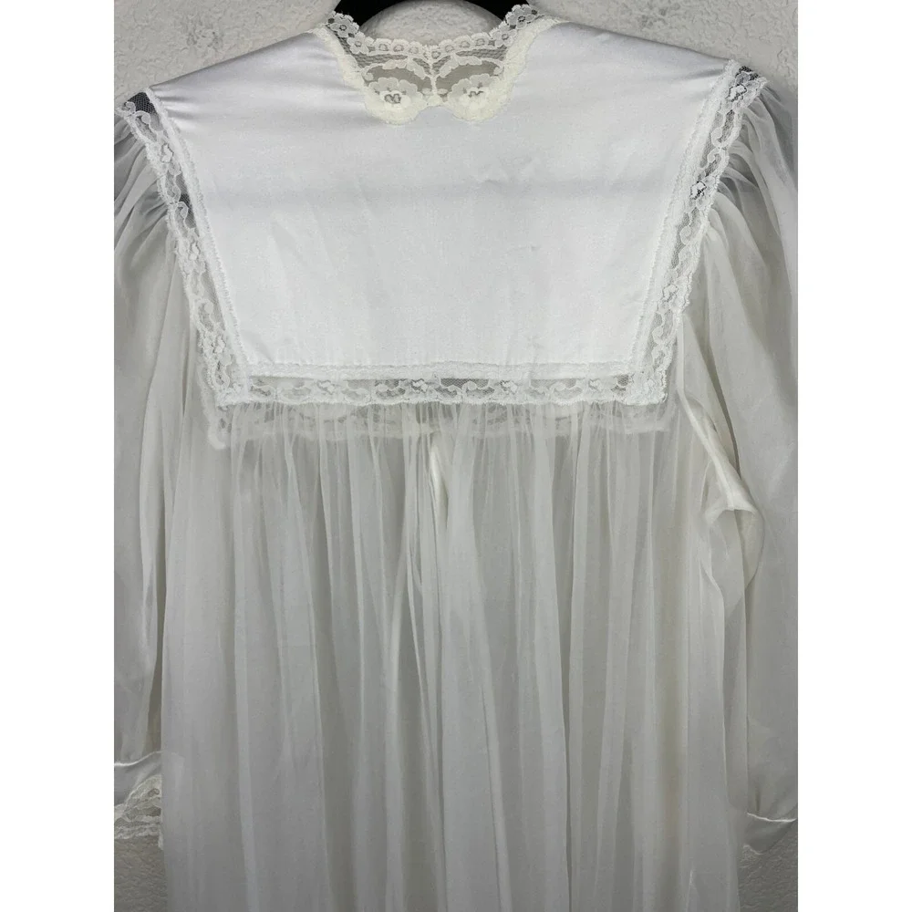 Vtg Miss Elaine CHIFFON PEIGNOIR Robe HOUSECOAT Large White Sheer Union Made USA